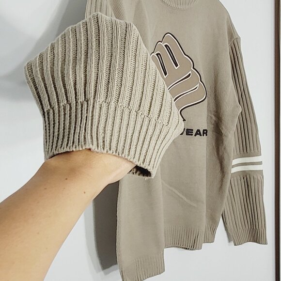 Exco Wear Vintage Beige Knit Long Sleeve Stripe Retro Crew Neck Pullover Sweater - Picture 4 of 10